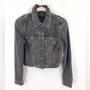 Miss Me Y2K Jean Jacket Womens Small Denim Cropped Boho Festival Gorp Distressed
